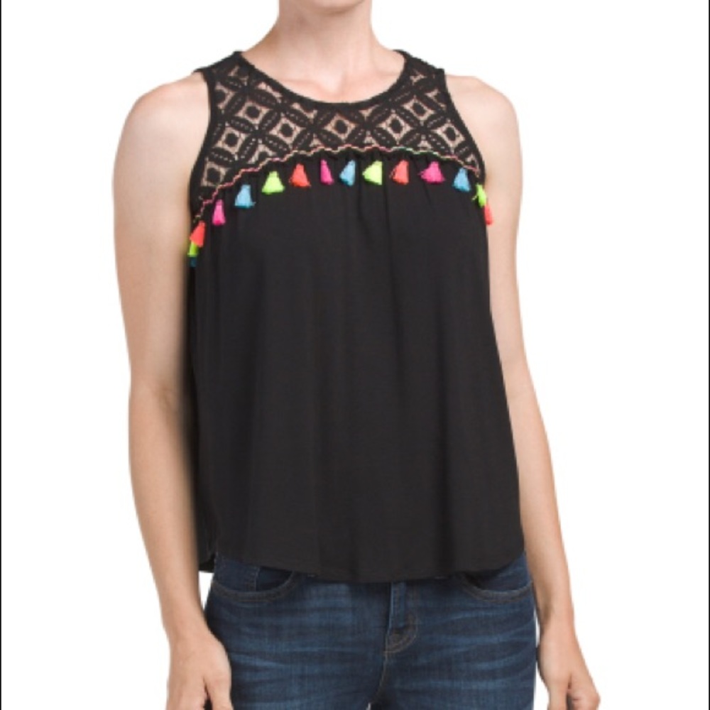 KIM & CAMI Lace Yoke Tassel Trim Tank